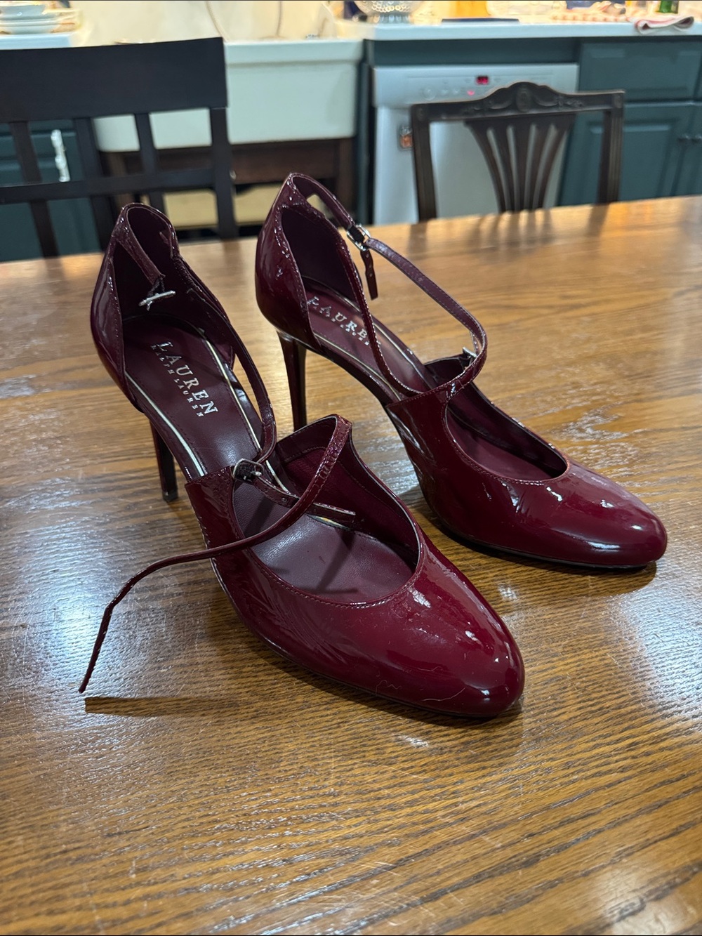 Ralph Lauren Red Patent Mary Jane Criss Cross Strap Heels